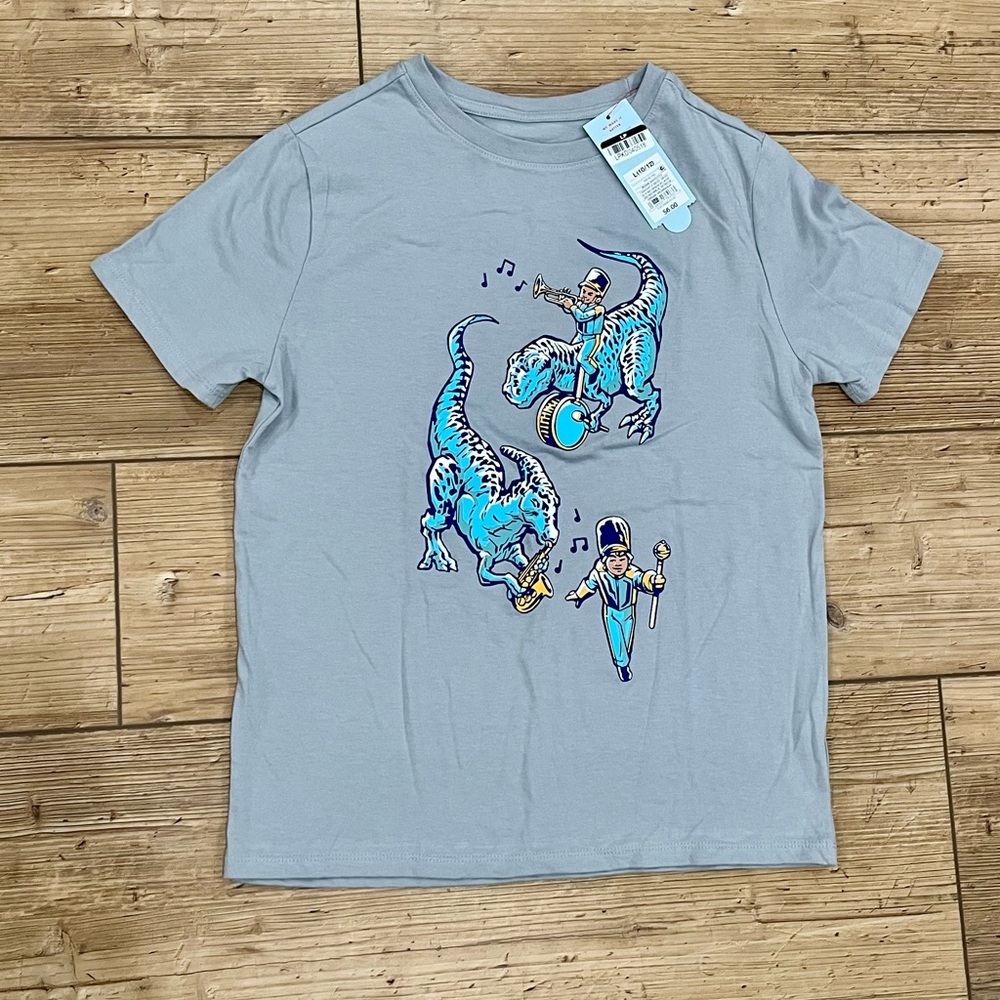 Target Gray Kids Tee with Blue Dinosaur Band Graphic